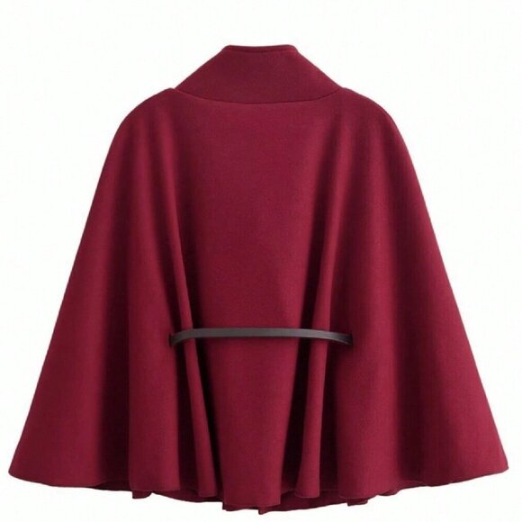 Burgundy Casual Women's Elegant Stand Collar belted Poncho Coat - Picture 5 of 5